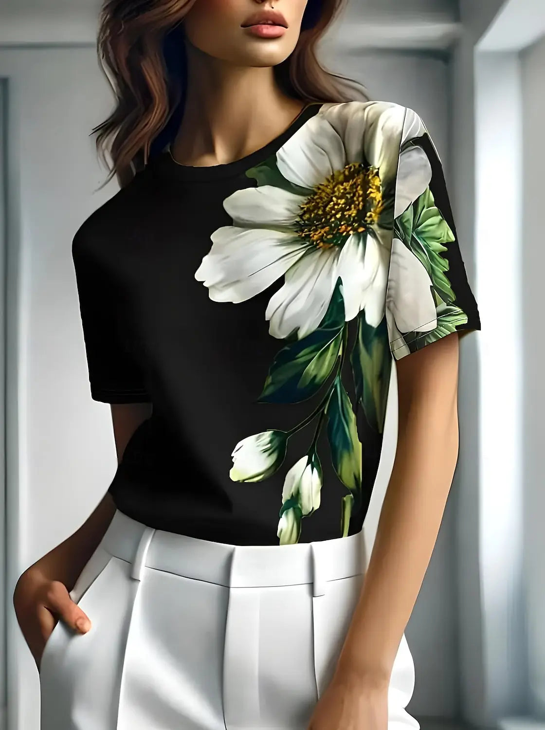 Simone | T-shirt met luxe glans en bloemendessin