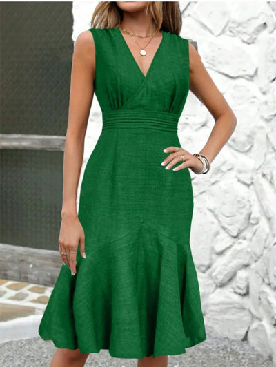 Summer Elegant Sleeveless Fishtail Dress Fashion Sexy V-neck High Waist Folds Slim Fit Holiday Women's Solid Midi Dress Vestidos
