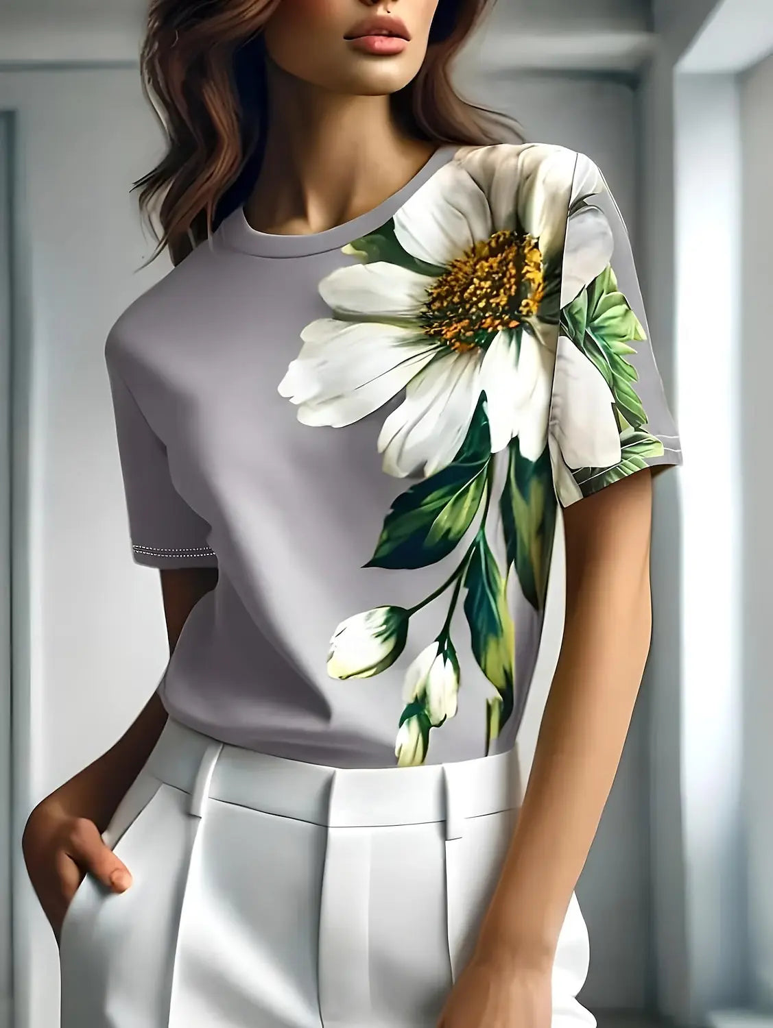 Simone | T-shirt met luxe glans en bloemendessin