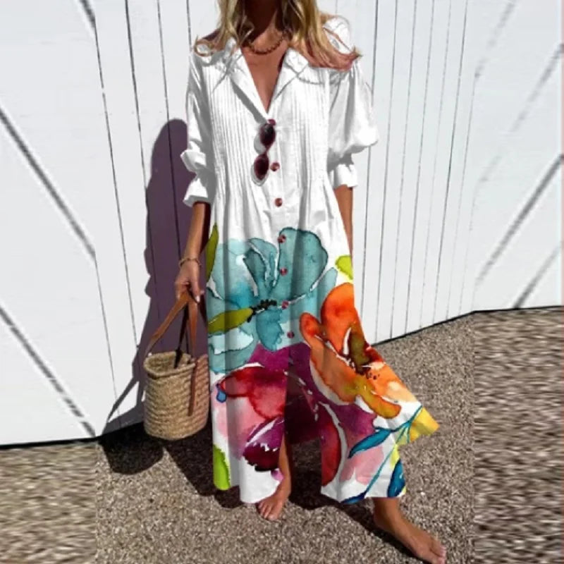 Claudine | Boho-chic maxi-jurk met V-hals en sierlijke print