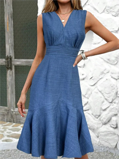 Summer Elegant Sleeveless Fishtail Dress Fashion Sexy V-neck High Waist Folds Slim Fit Holiday Women's Solid Midi Dress Vestidos