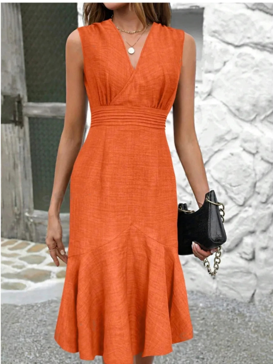 Summer Elegant Sleeveless Fishtail Dress Fashion Sexy V-neck High Waist Folds Slim Fit Holiday Women's Solid Midi Dress Vestidos