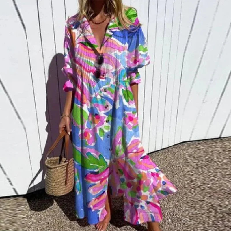 Claudine | Boho-chic maxi-jurk met V-hals en sierlijke print