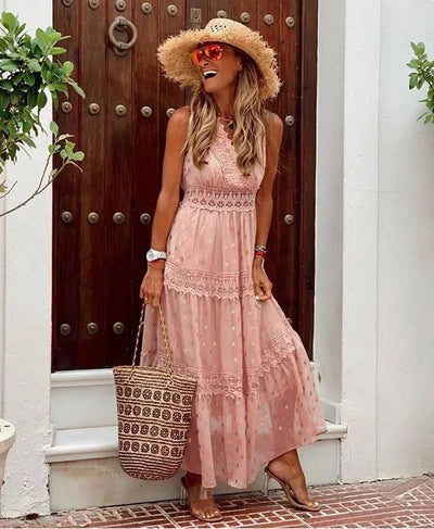 Liliane | Mouwloze maxi-jurk met kant en hoge taille