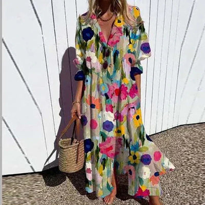 Claudine | Boho-chic maxi-jurk met V-hals en sierlijke print