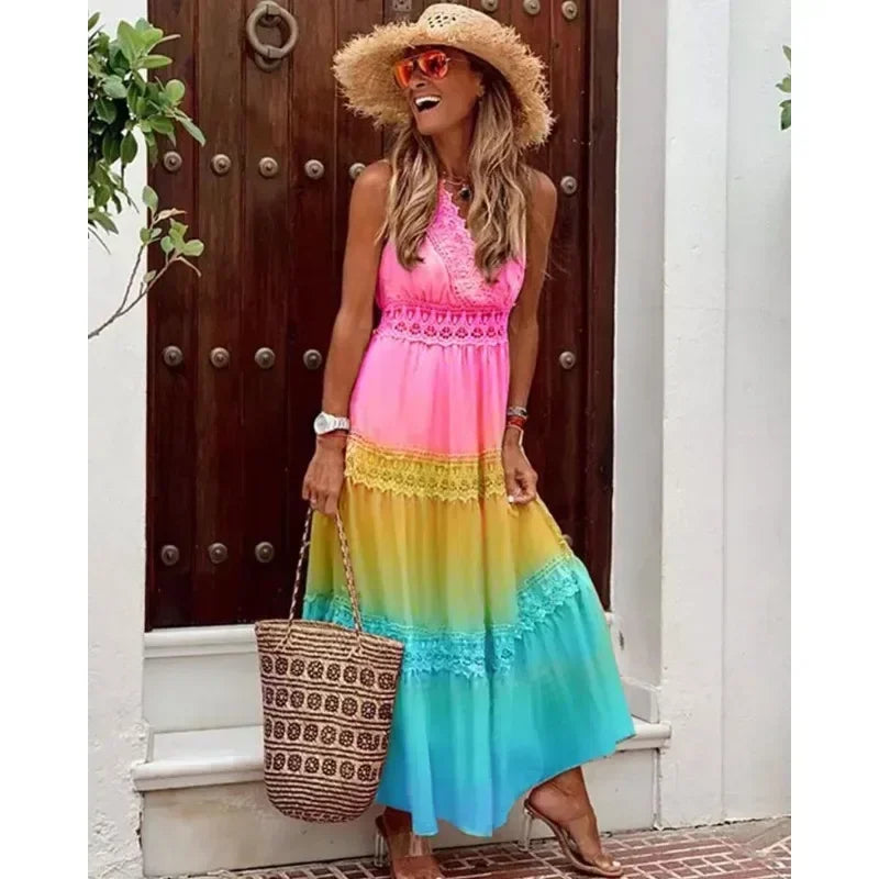 Liliane | Mouwloze maxi-jurk met kant en hoge taille