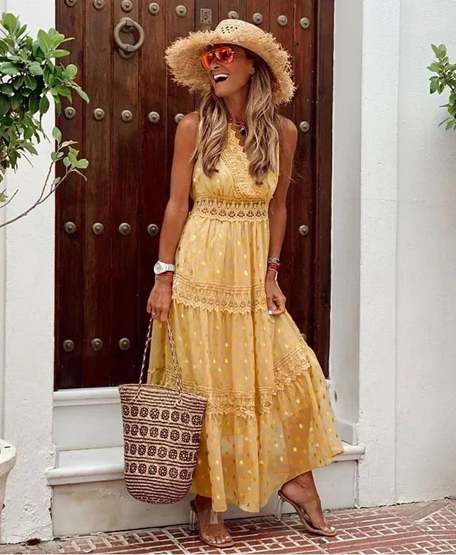 Liliane | Mouwloze maxi-jurk met kant en hoge taille