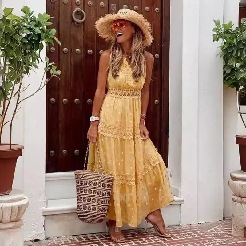 Liliane | Mouwloze maxi-jurk met kant en hoge taille