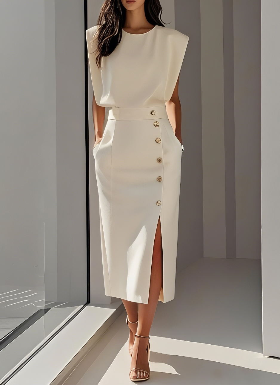 Sylvie | Ivoorkleurige powerdress met gouden details en tailleaccent