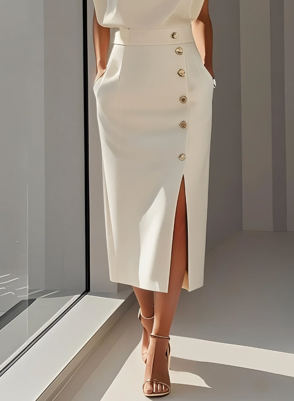 Sylvie | Ivoorkleurige powerdress met gouden details en tailleaccent