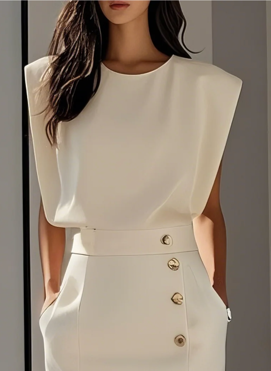 Sylvie | Ivoorkleurige powerdress met gouden details en tailleaccent