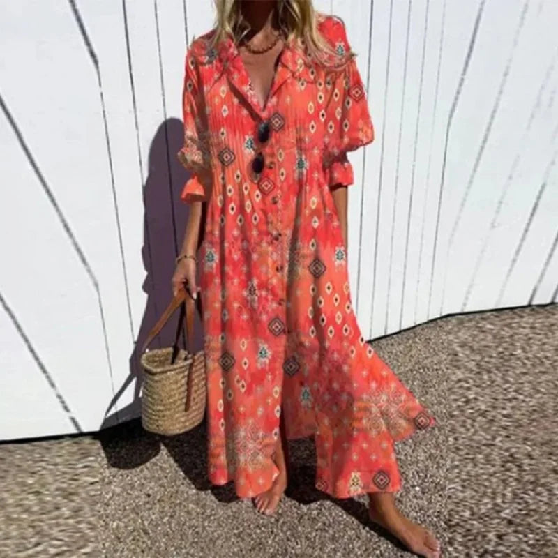 Claudine | Boho-chic maxi-jurk met V-hals en sierlijke print