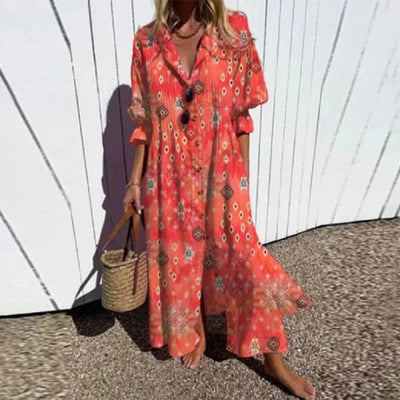 Claudine | Boho-chic maxi-jurk met V-hals en sierlijke print