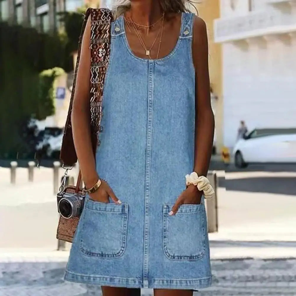 Noëlle | Faux Denim Zomerjurk in Effen Kleur