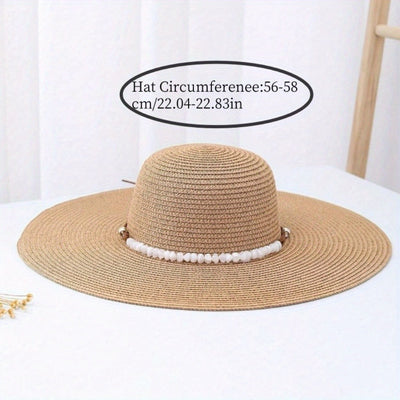 Vrouwen Strohoed met Brede Rand en Parelaccenten - Natuurlijk Beige Zonnehoed voor Strand, Reizen & Buitenactiviteiten, Ademend Lichtgewicht Ontwerp