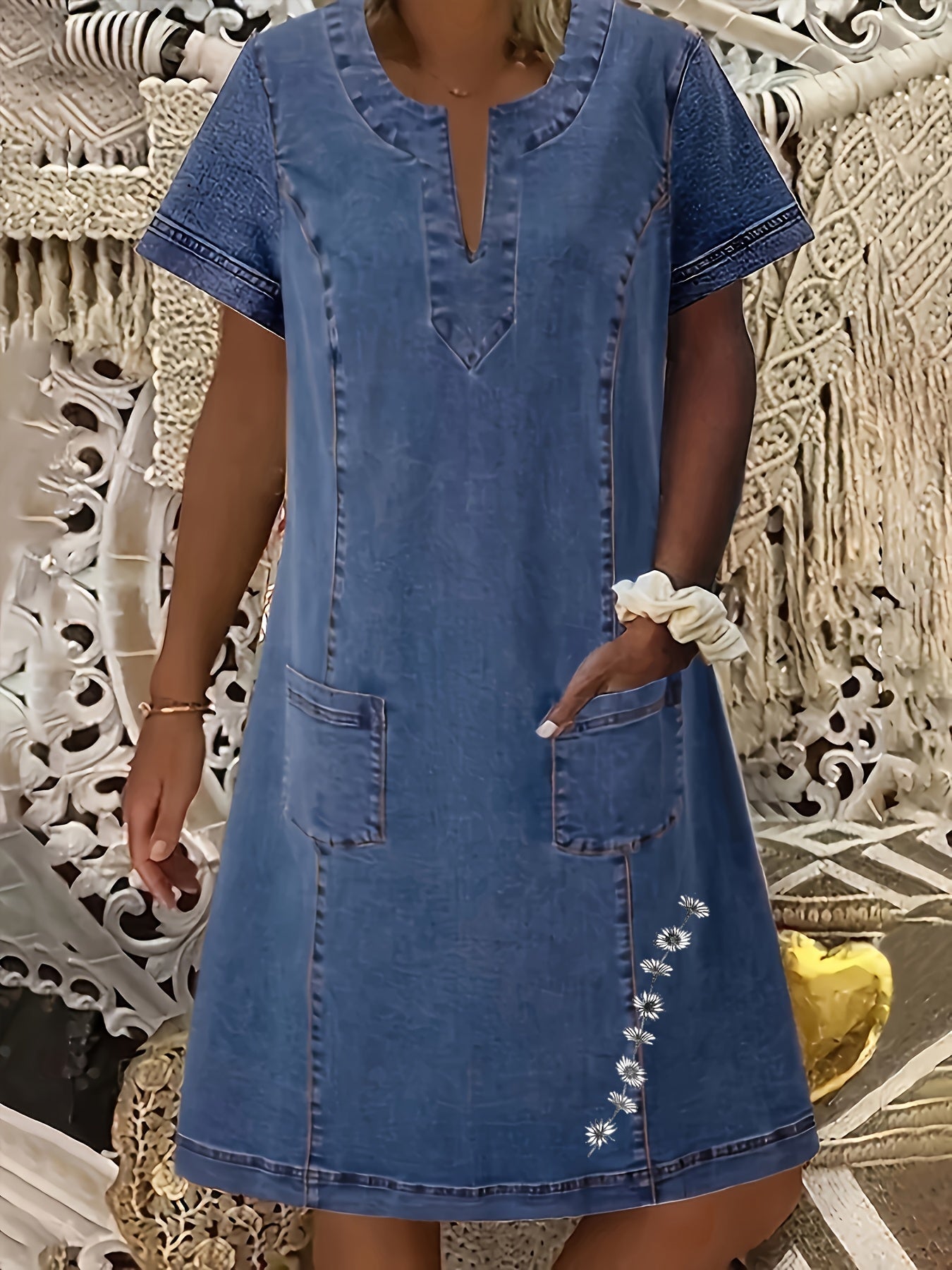 Roos | Denim Jurk met Bloemenprint & Zijzakken