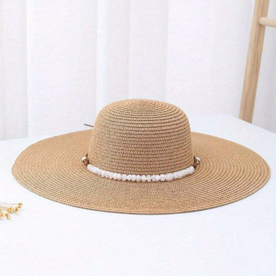 Vrouwen Strohoed met Brede Rand en Parelaccenten - Natuurlijk Beige Zonnehoed voor Strand, Reizen & Buitenactiviteiten, Ademend Lichtgewicht Ontwerp