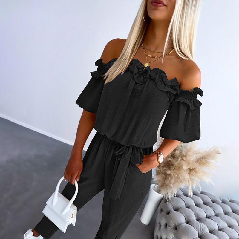 Noëlle | Off-shoulder jumpsuit met striklint en sierlijke ruches