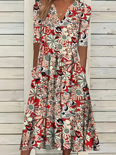 Odette | Midi-jurk met bloemenprint, V-hals en asymmetrische zoom