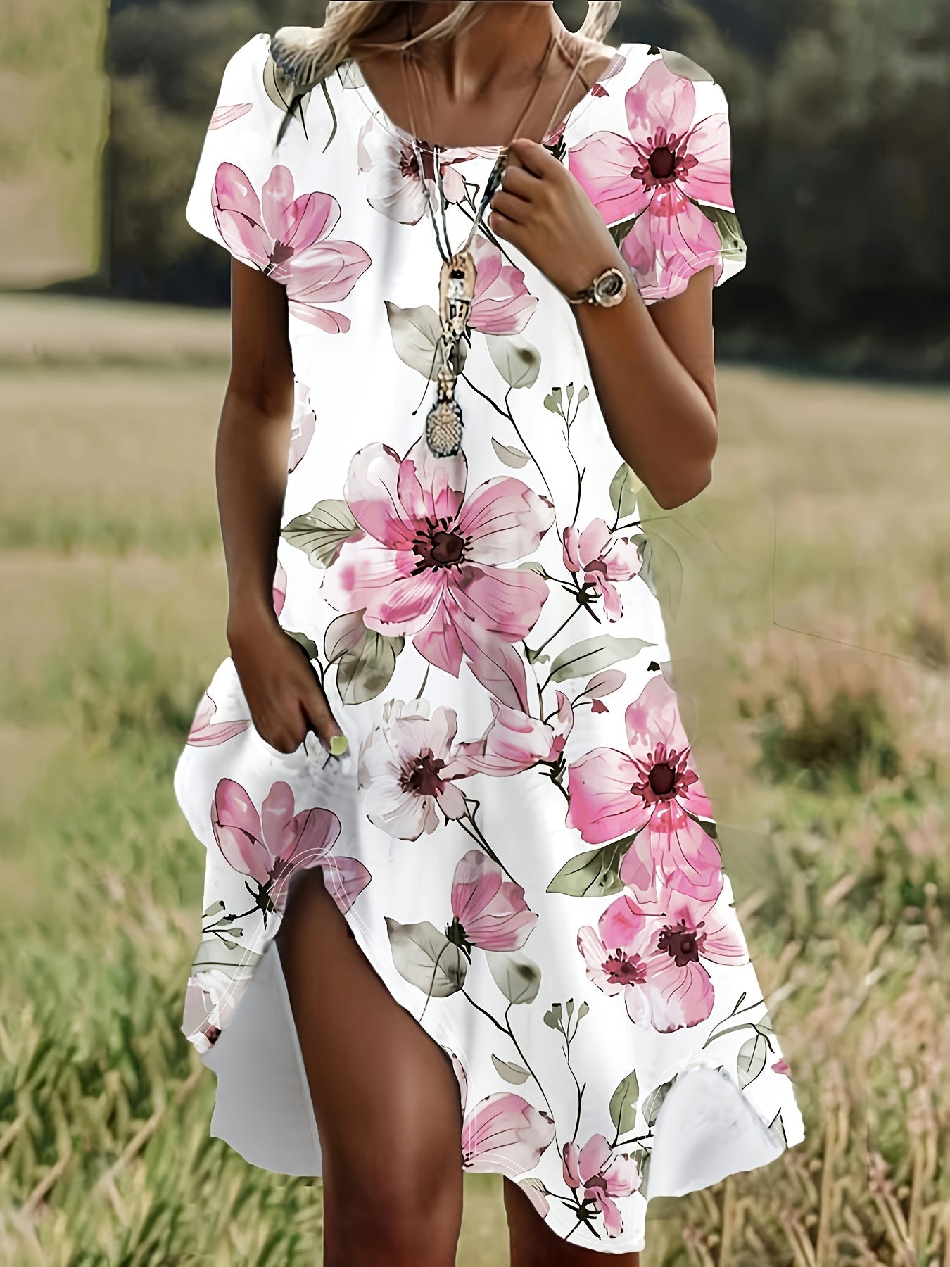 Noëlle | Zomerjurk met ronde hals en levendige bloemenprint