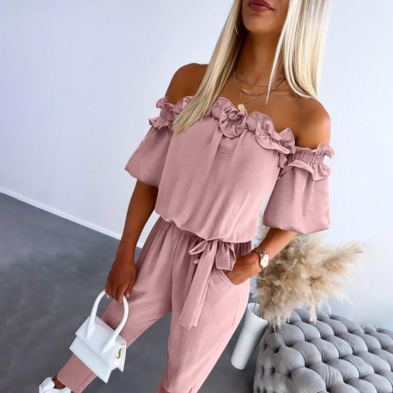 Noëlle | Off-shoulder jumpsuit met striklint en sierlijke ruches