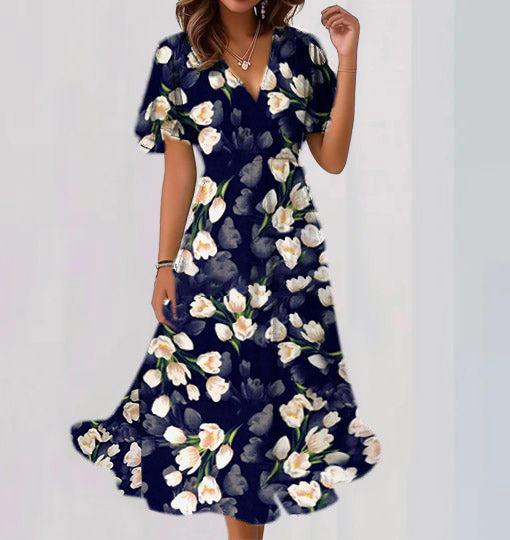 Distinctive Floral Print Short Sleeve Midi Dress
