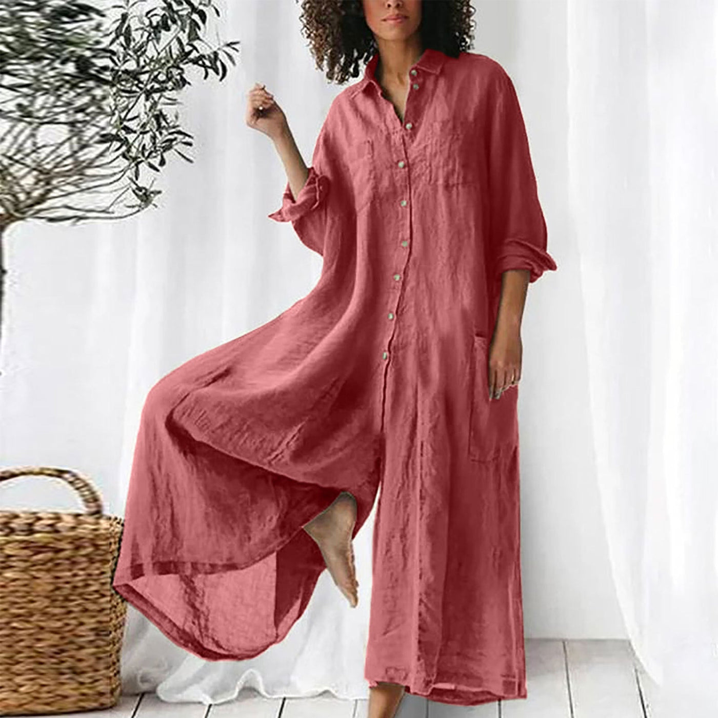 Maja | Luchtige Linnen Jumpsuit met Rolmouwen & Zijzakken